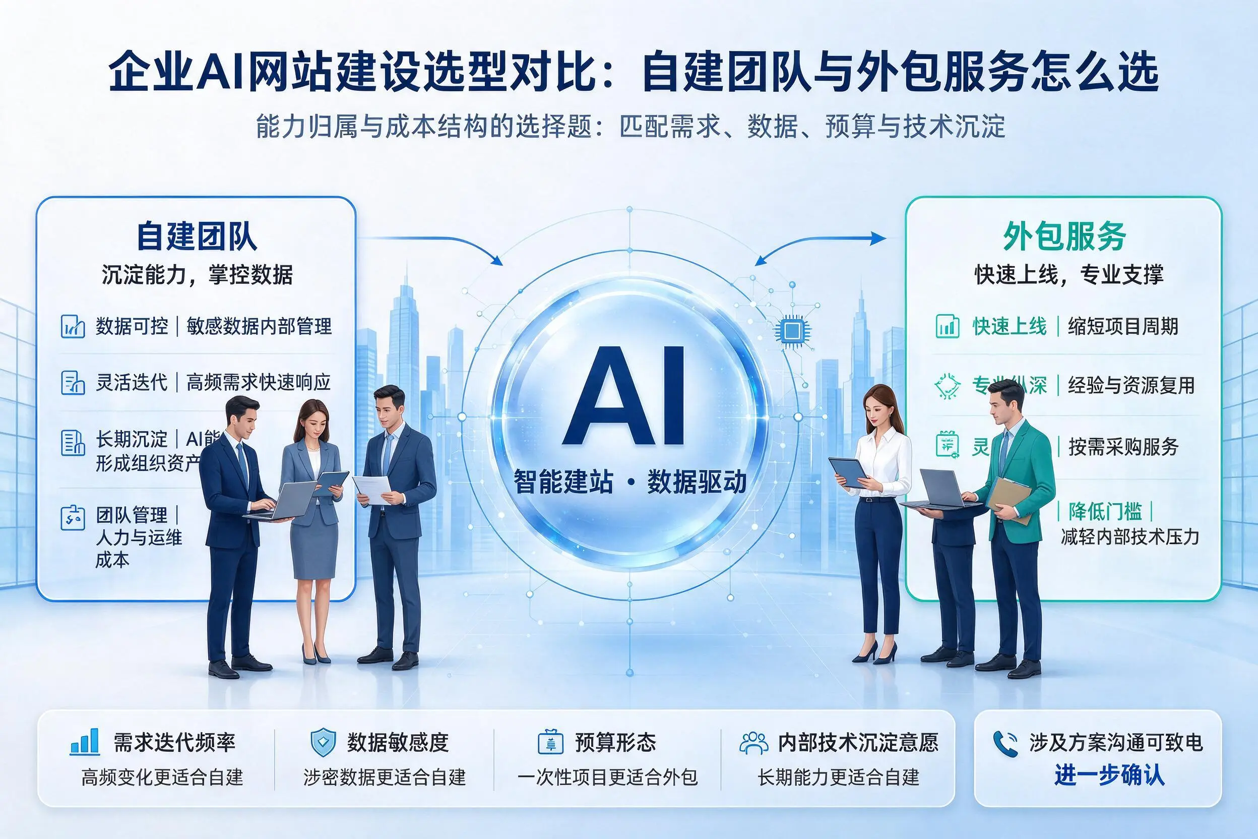 江西企业AI网站建设选型对比：自建团队与外包服务怎么选